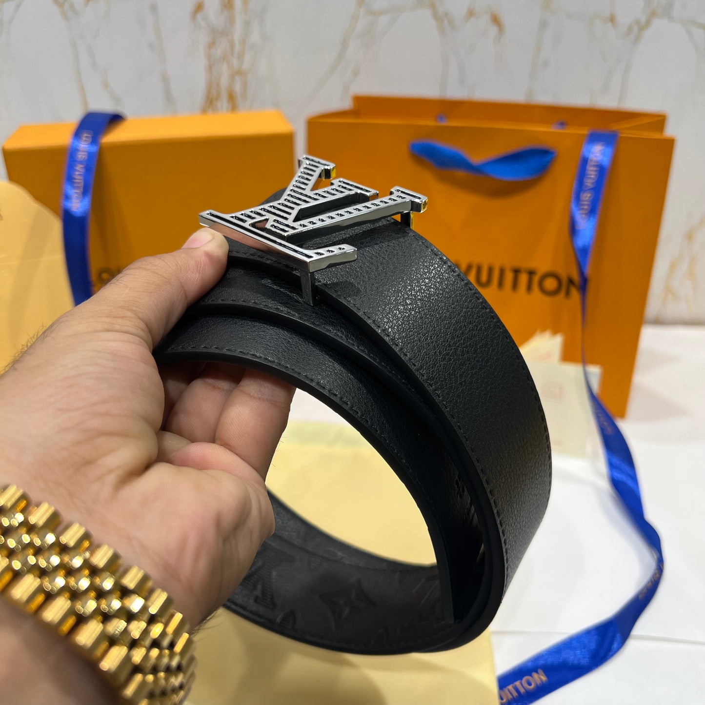 LV Silver Line Logo Reversible Belt Black