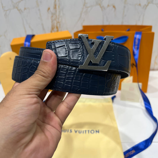 LV Silver Logo Blue Crocodile Skin Reversible Belt