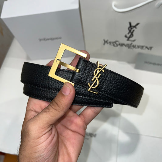 YSL Golden Logo Slim Belt Black