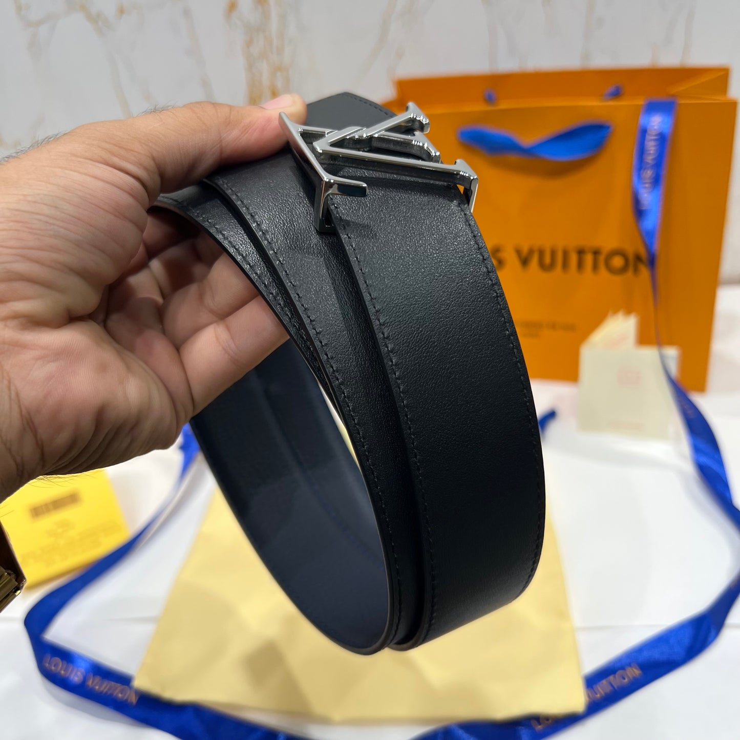 LV Silver Logo Reversible Belt Blue/Black