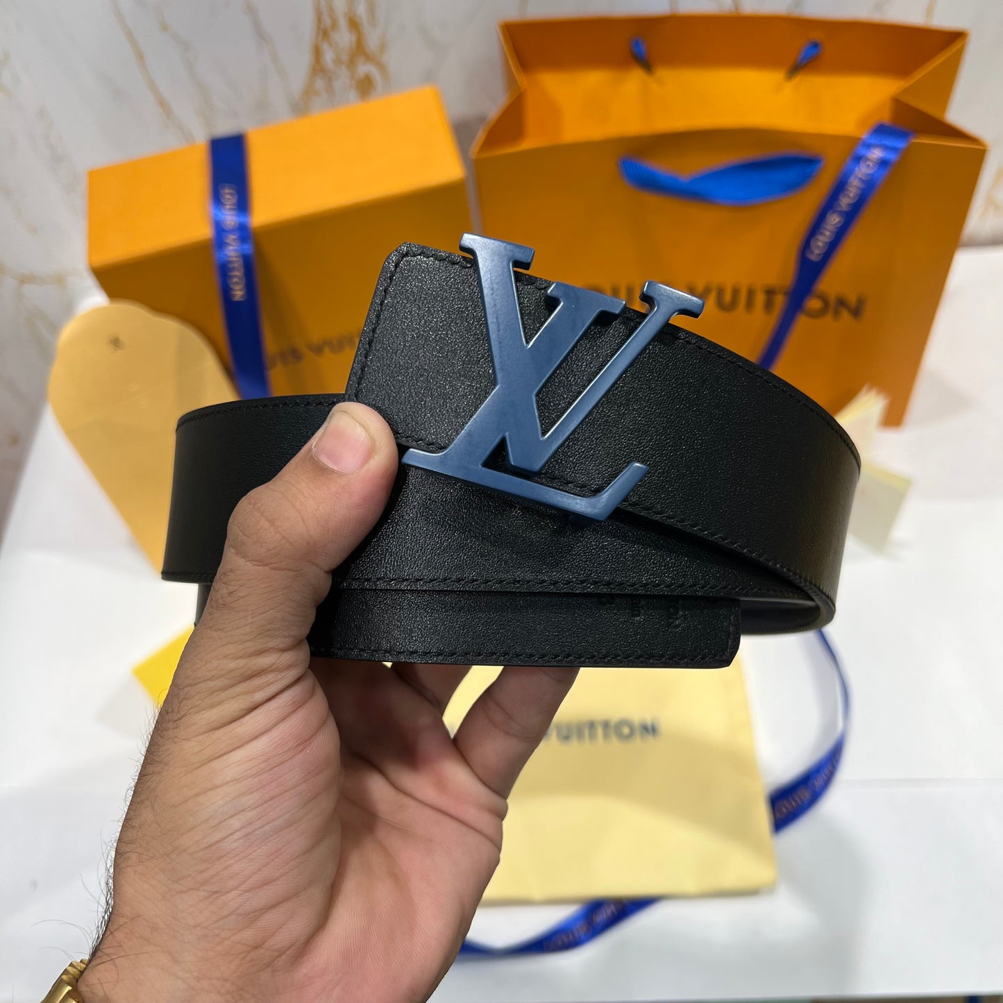 LV Blue Logo Reversible Belt Blue / Black