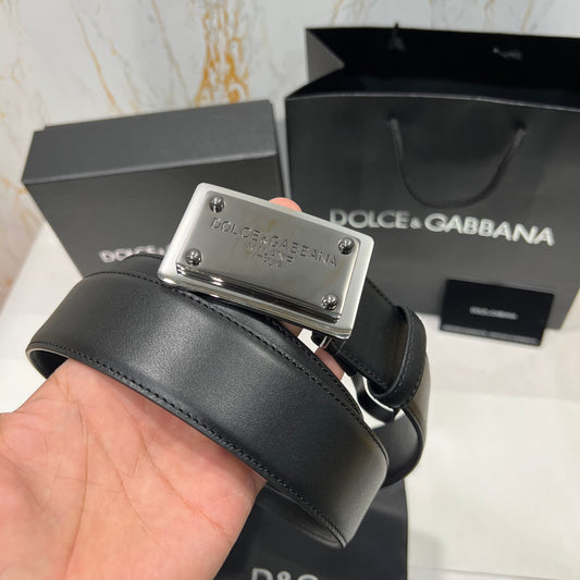 Dolce & Gabbana Silver Buckle Leather Belt Black