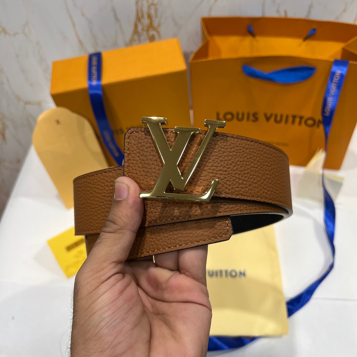 LV Golden Logo Reversible Textured Belt Black/Brown