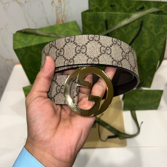 Gucci Interlocking G Golden Buckle Supreme Belt Brown