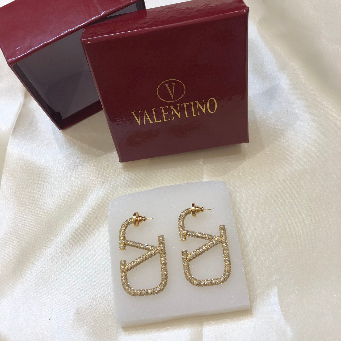 Valentino V Logo Gold White Earrings