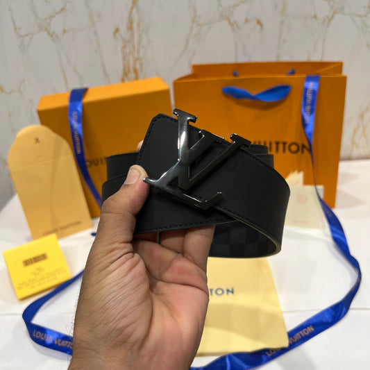 LV Black Logo Grey Check Reversible Belt