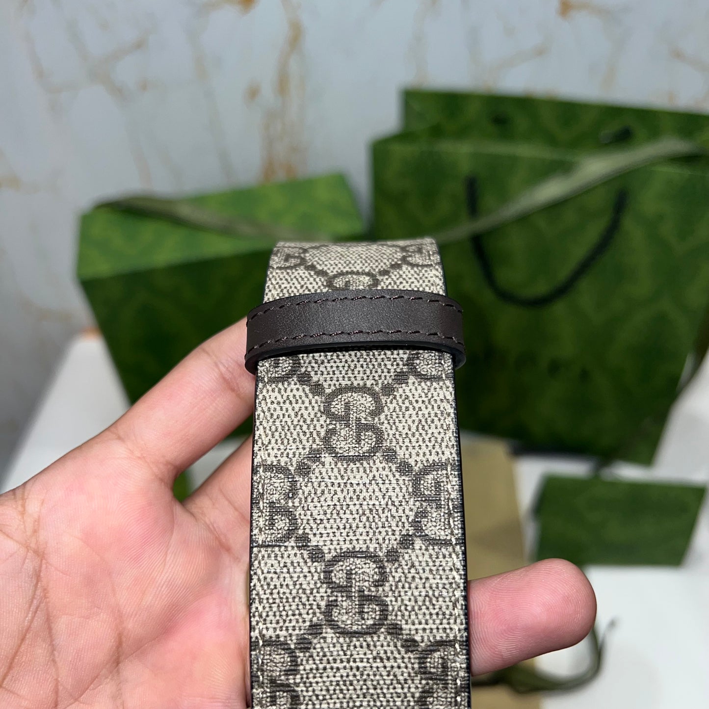 Gucci Interlocking G Golden Buckle Supreme Belt Brown