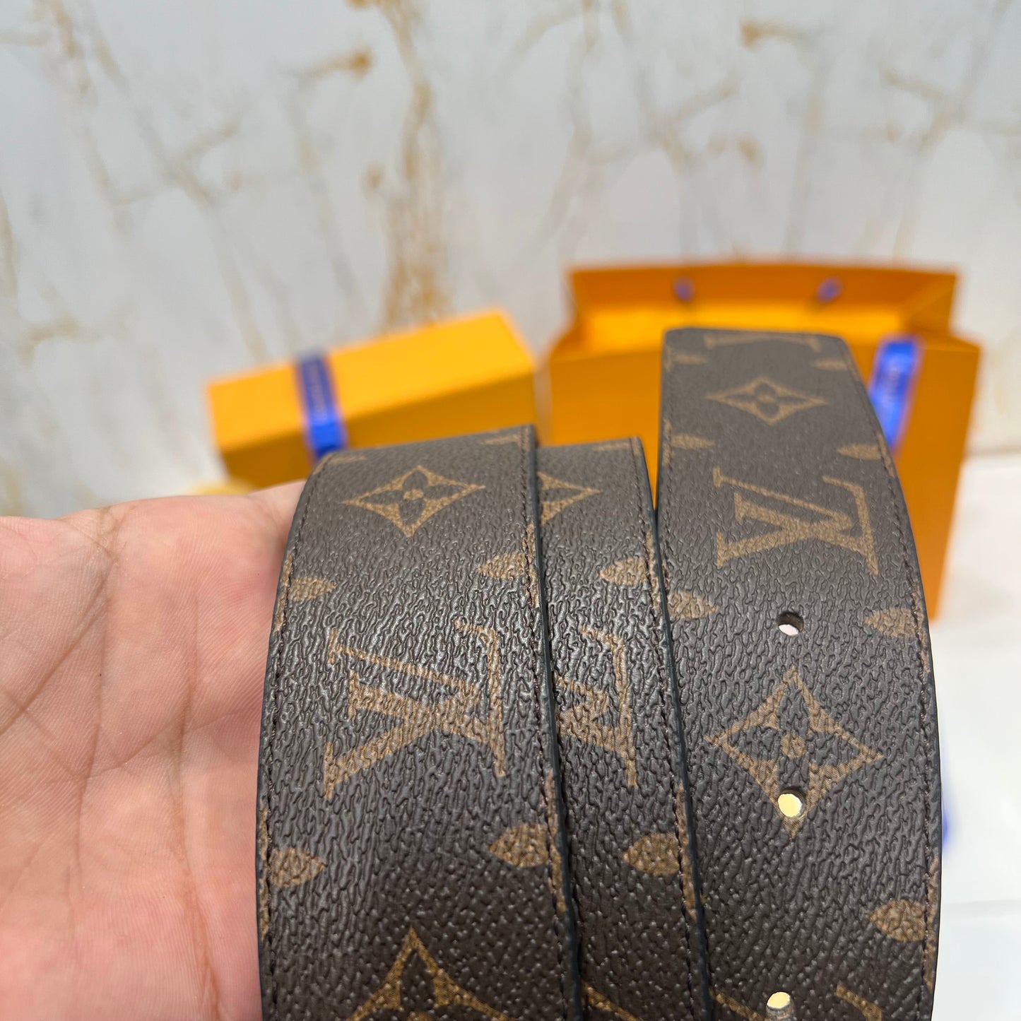 LV Golden Logo Belt Brown Pattern