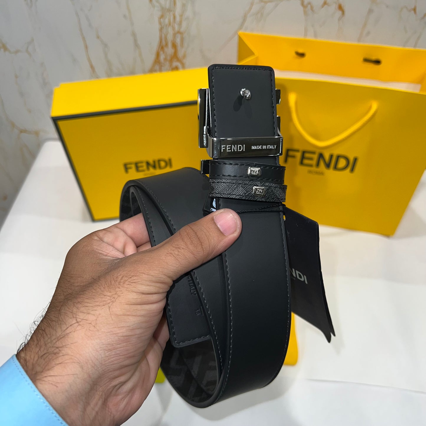 Fendi FF Silver Buckle Reversible Belt Black/Grey