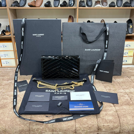 YSL College Mini Chain In Shiny Leather Bag Black