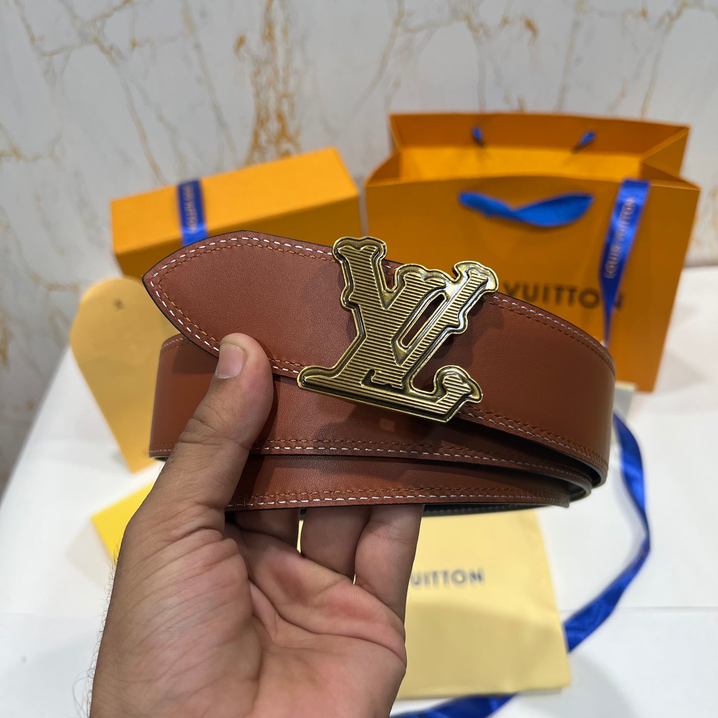 LV Golden LV Logo Reversible Belt Black/Brown