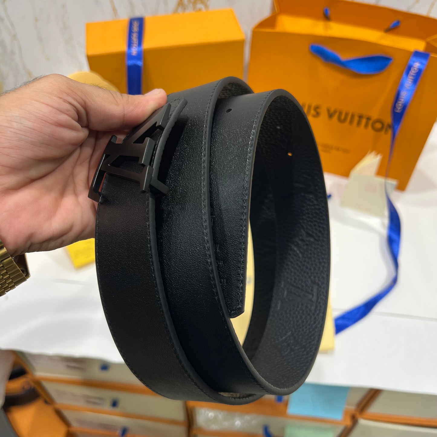 LV Black Logo Embossed Reversible Belt Black