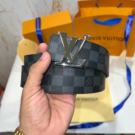 LV Silver Logo Check Reversible Belt Black/Grey