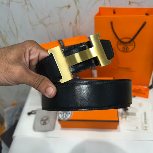 Hermes H Golden Buckle Belt Reversible Black/Blue