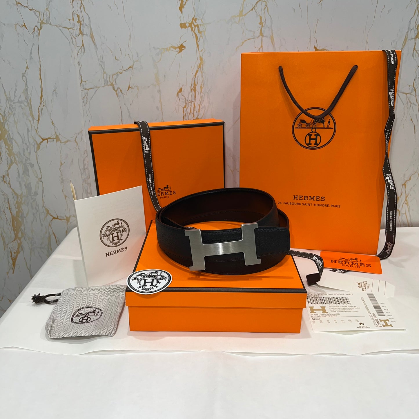 Hermes H Silver Buckle Belt Reversible Black