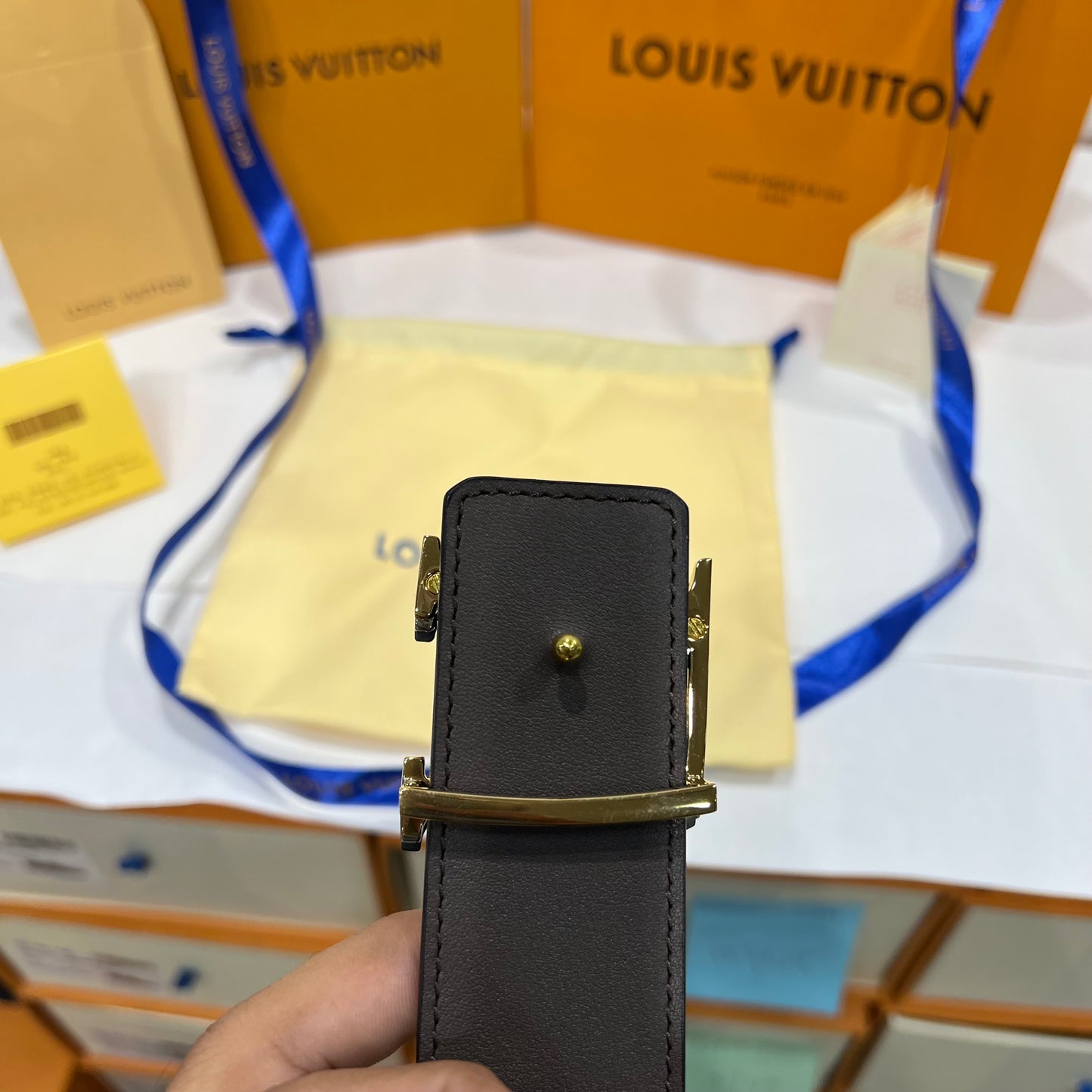 LV Triple Logo Belt Brown Pattern Black/Brown