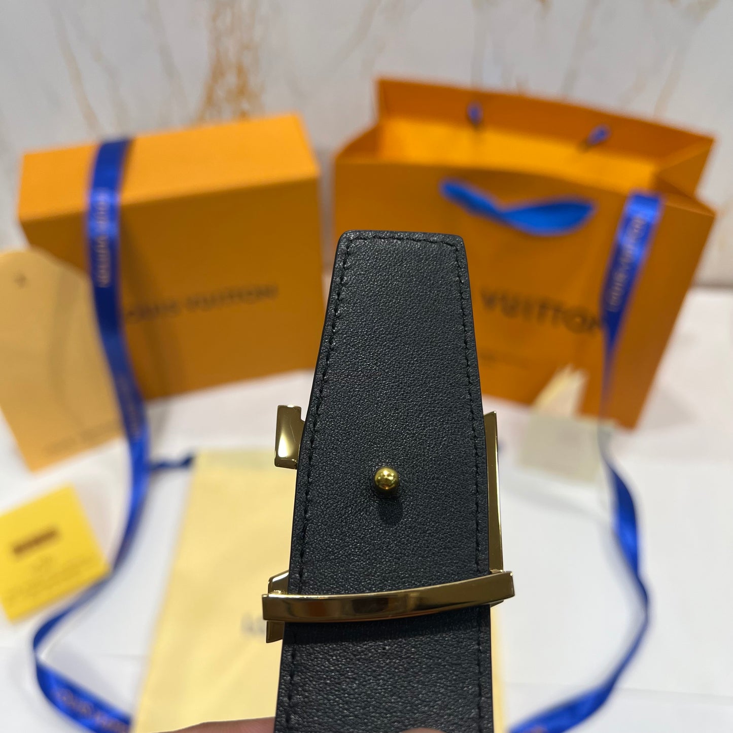 LV Golden Logo Reversible Belt Black/Blue