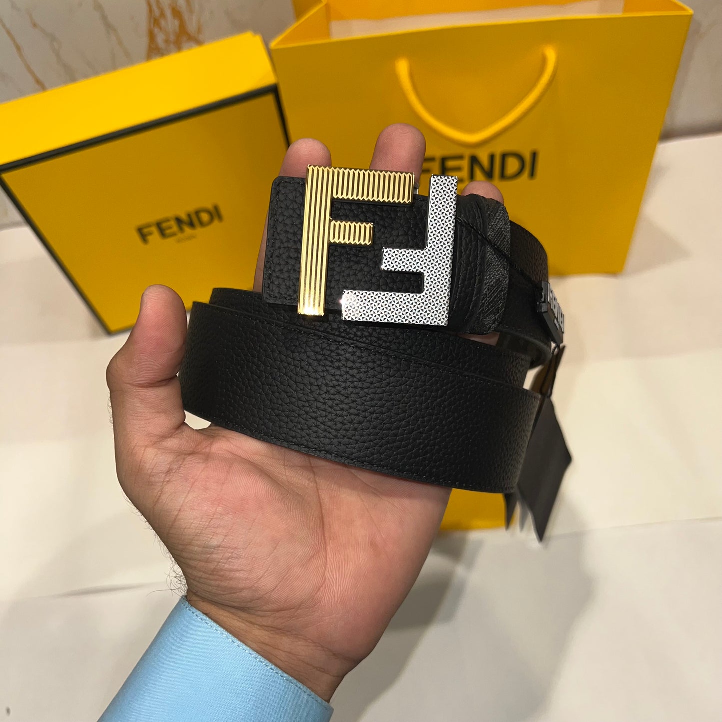 Fendi FF Golden Silver Buckle Reversible Belt Black/Grey