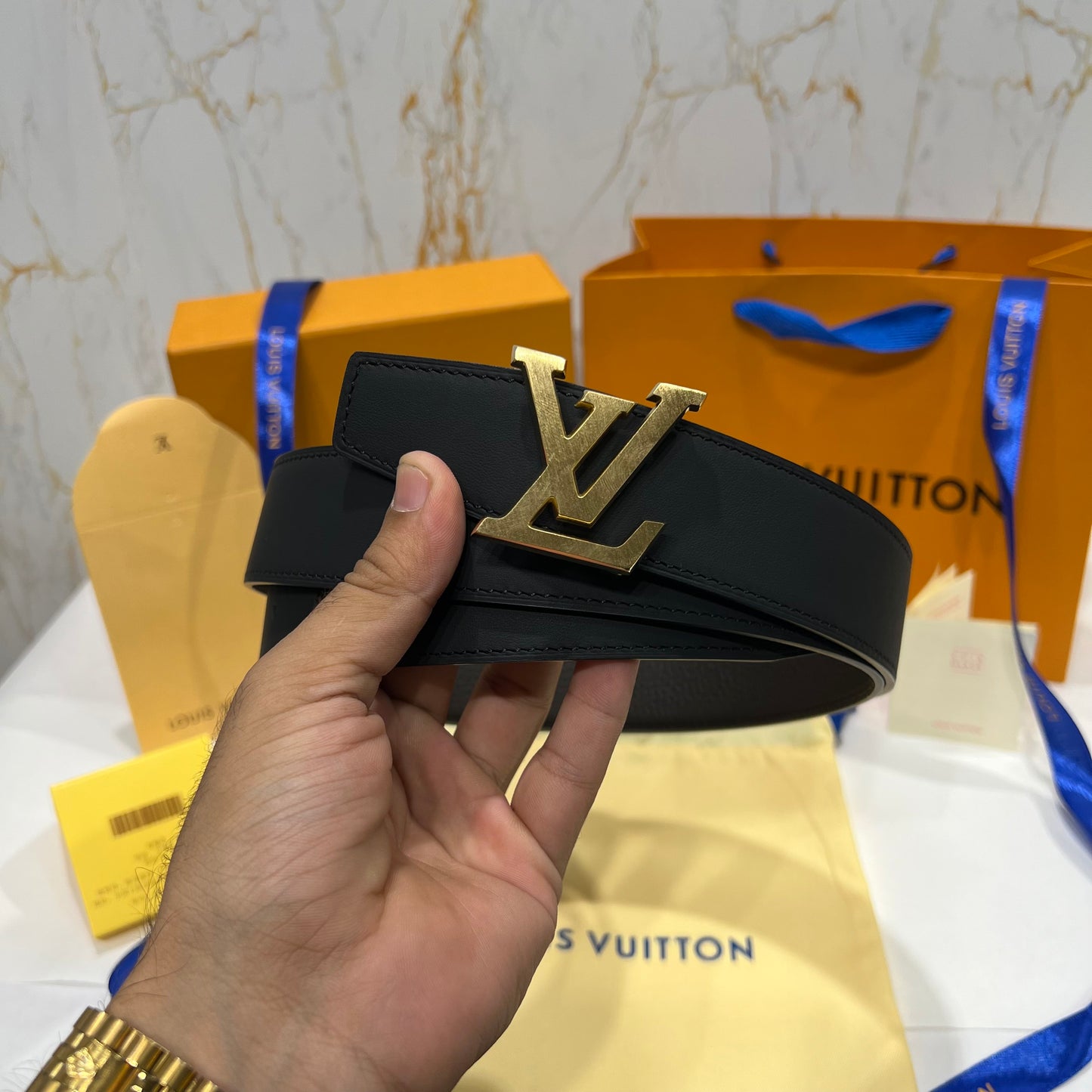 LV Golden Logo Reversible Belt Texture Brown/Black