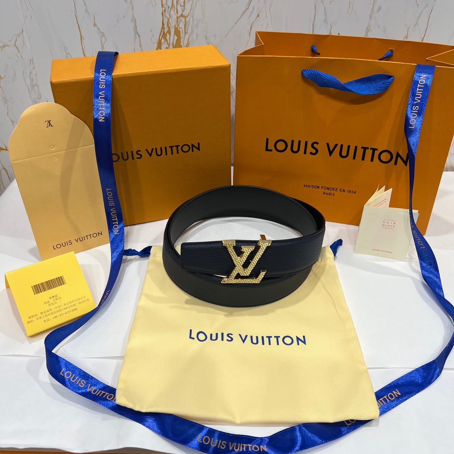 LV Golden Logo Reversible Belt Black/Blue