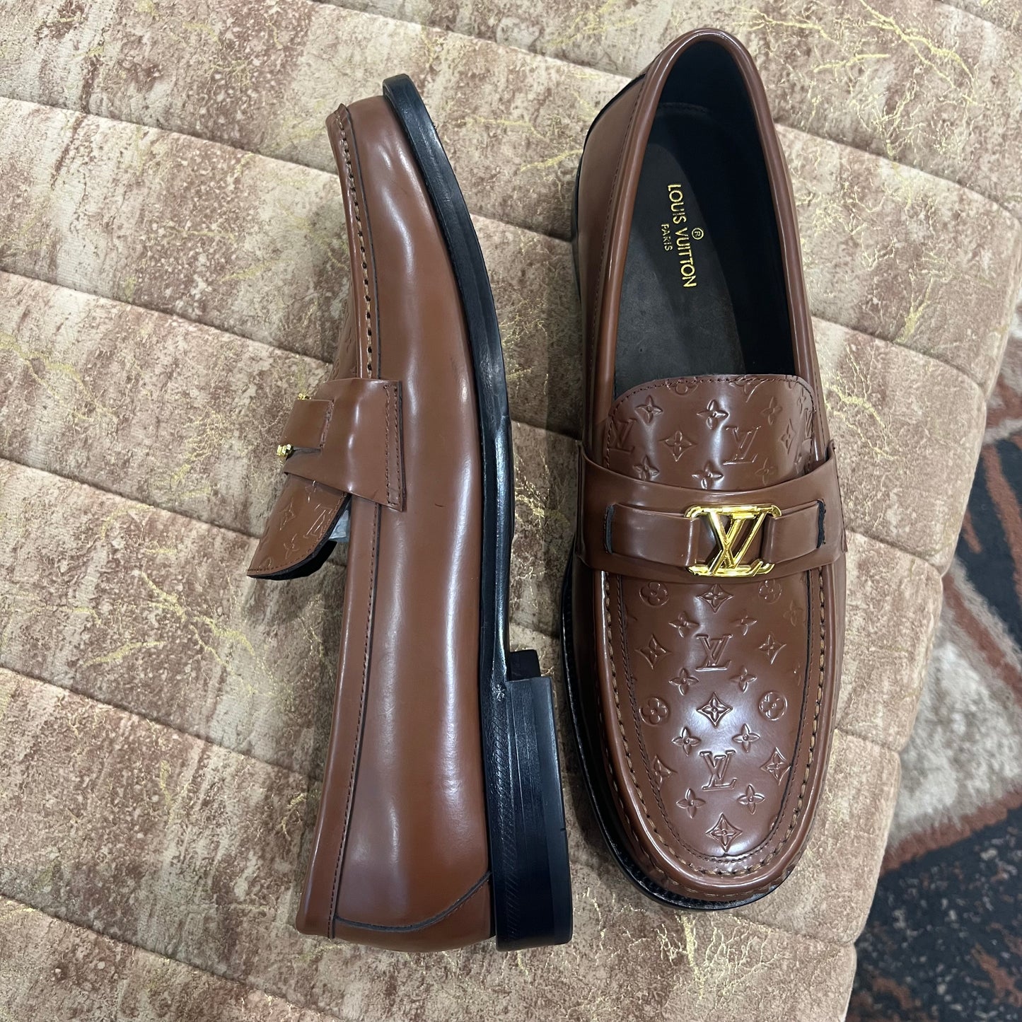 . Louis.Vuitton Light Brown Embossed Major Loafers