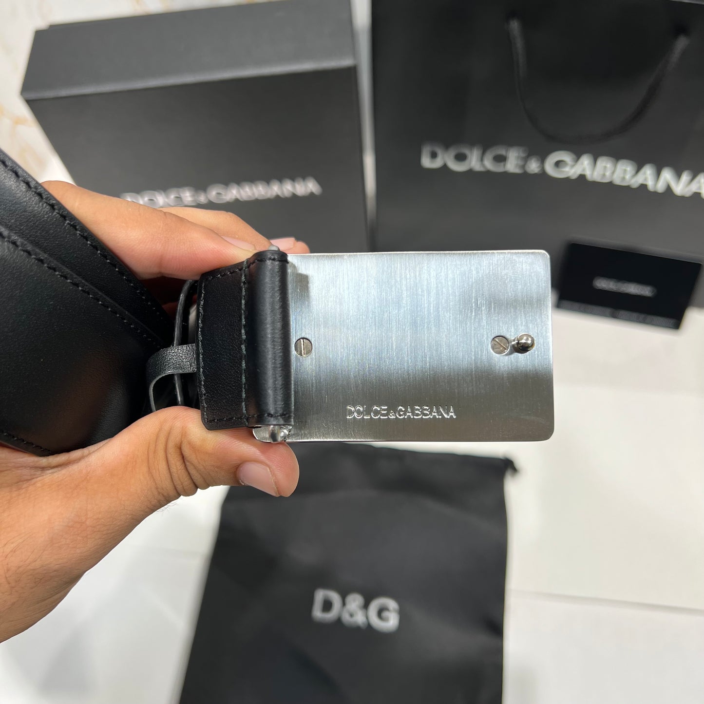 Dolce & Gabbana Silver Buckle Leather Belt Black