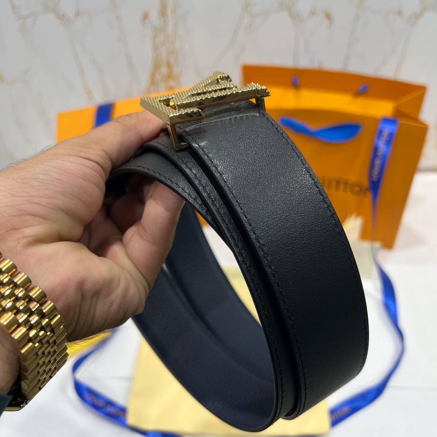 LV Golden Logo Reversible Belt Black/Blue