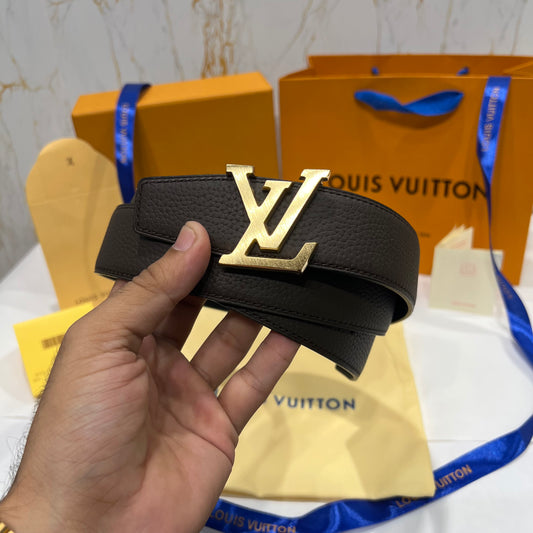 LV Golden Logo Reversible Belt Texture Brown/Black