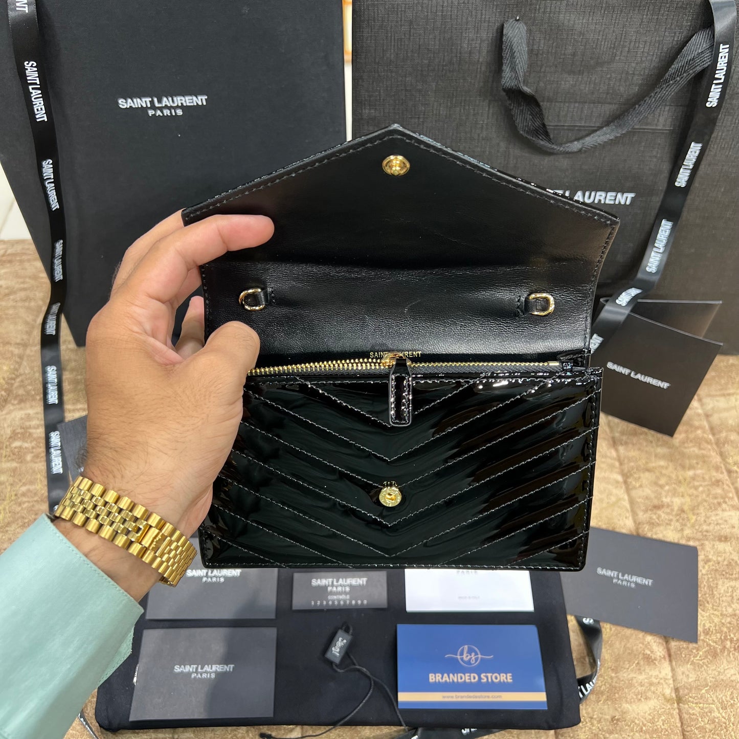 YSL College Mini Chain In Shiny Leather Bag Black