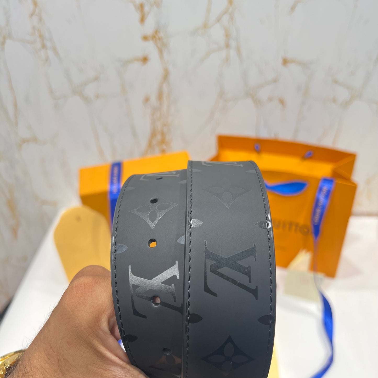 LV Silver Logo Shine Printed Reversible Belt Black Brown