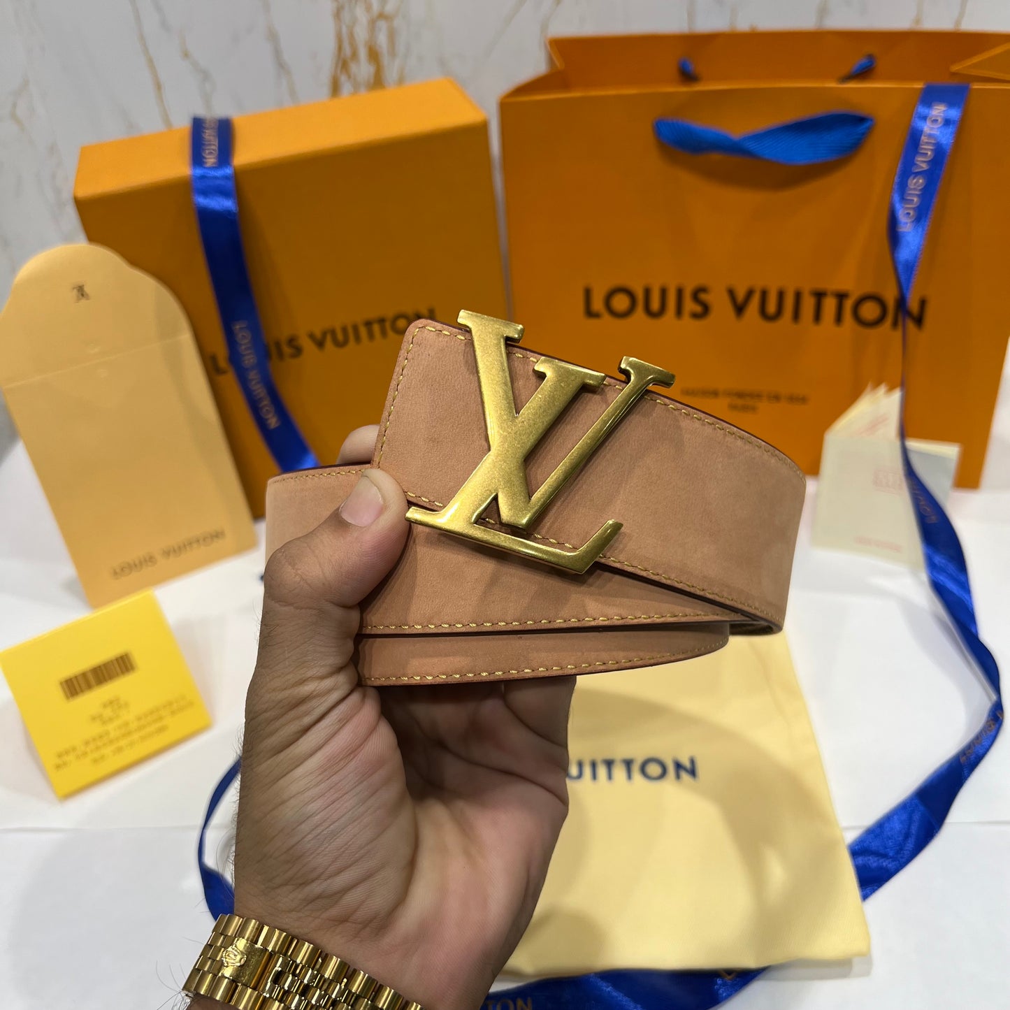 LV Golden Logo Reversible Belt Brown / Suede One Side
