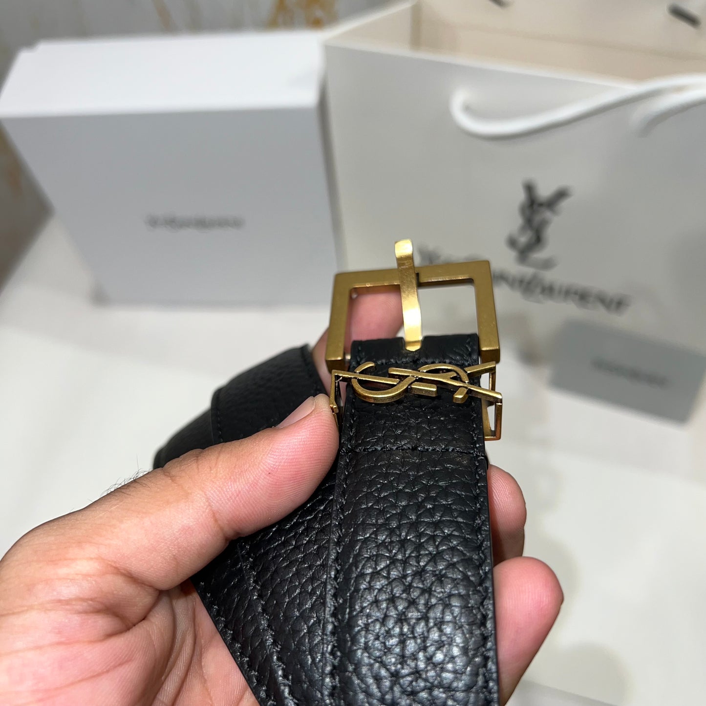 YSL Golden Logo Slim Belt Black