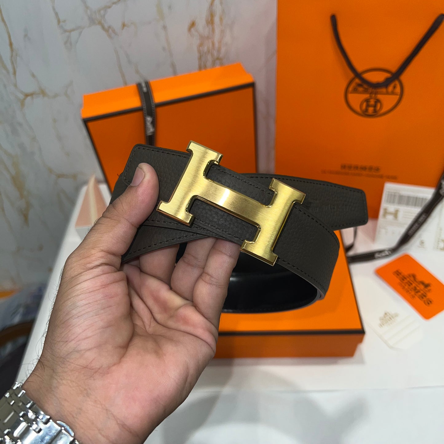 Hermes H Golden Buckle Belt Reversible Brown Black