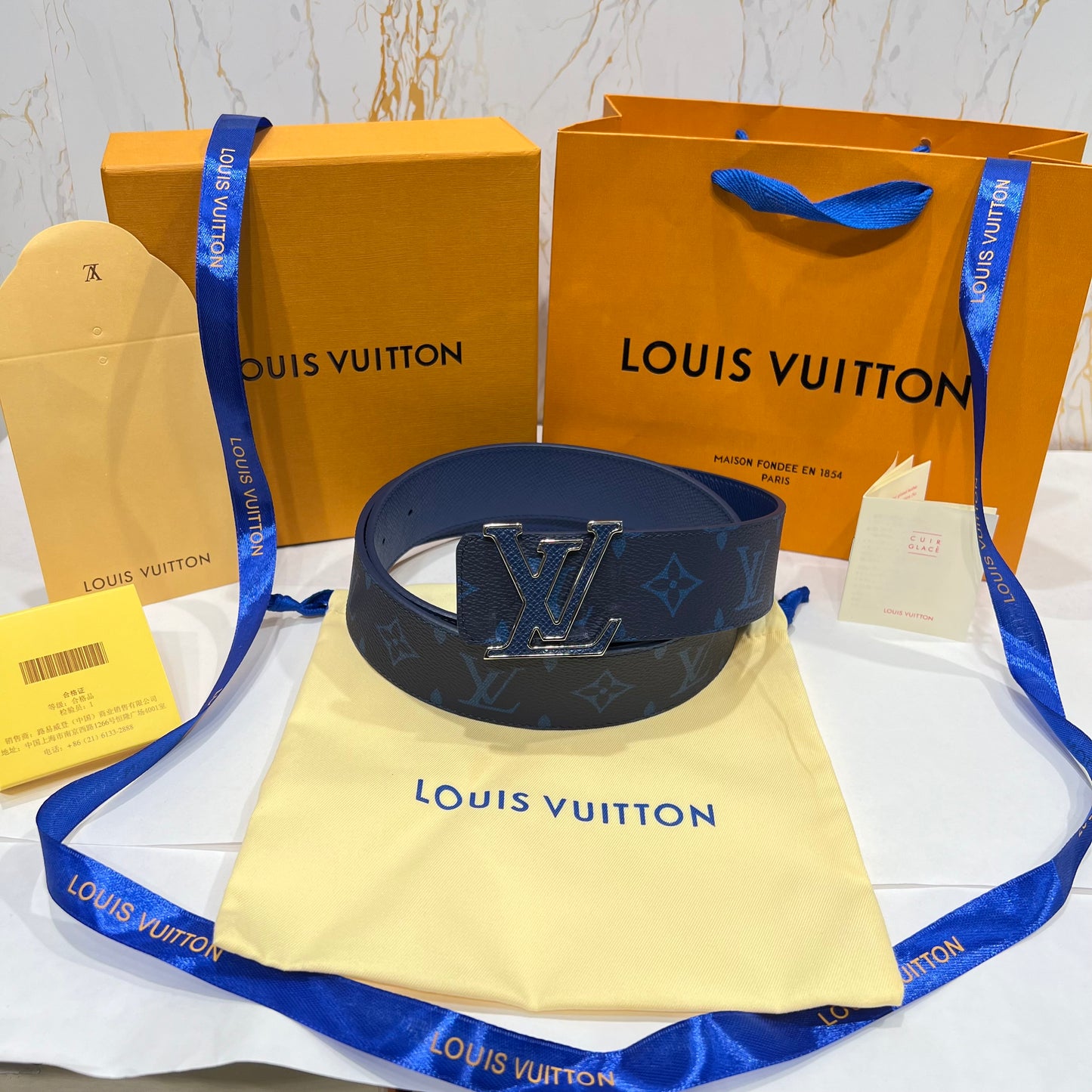 LV Blue Logo Printed Reversible Belt Blue