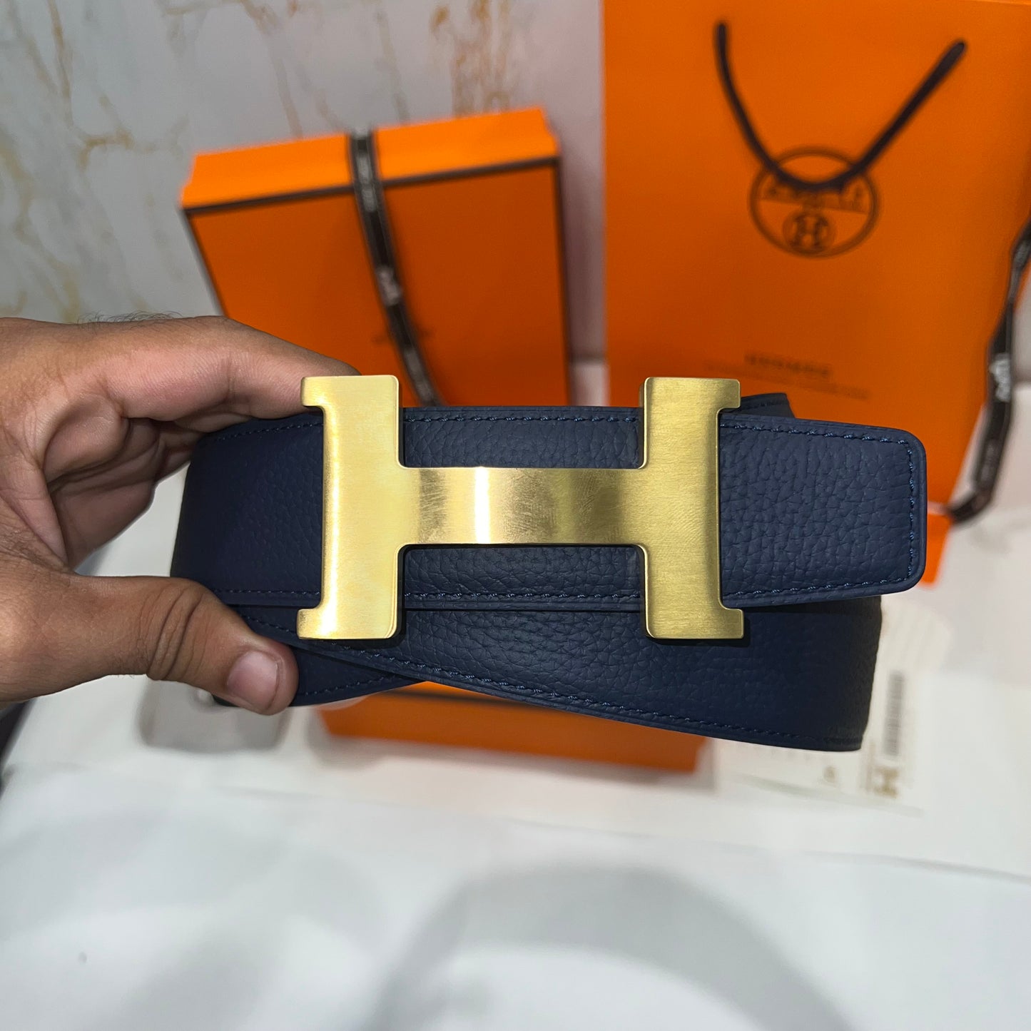 Hermes H Golden Buckle Belt Reversible Black/Blue