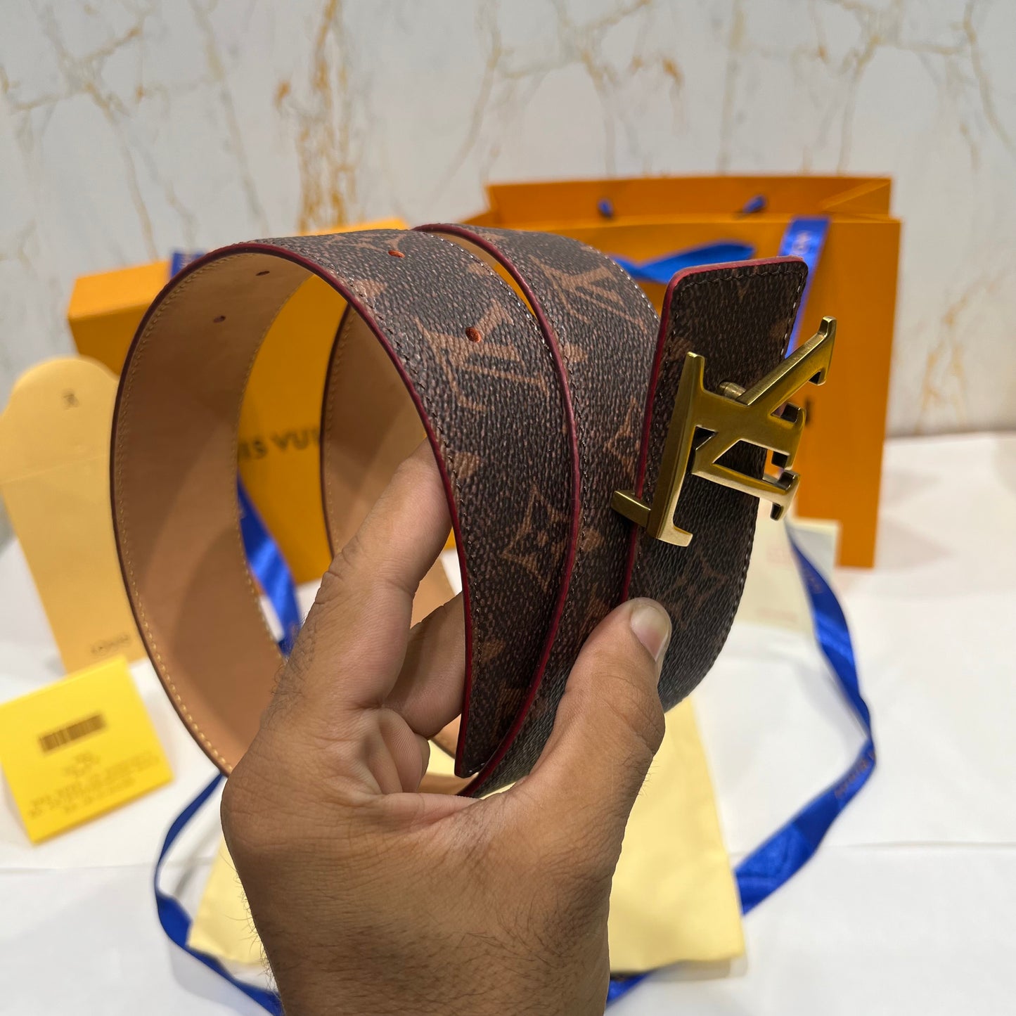 LV Golden Logo Reversible Belt Brown / Suede One Side