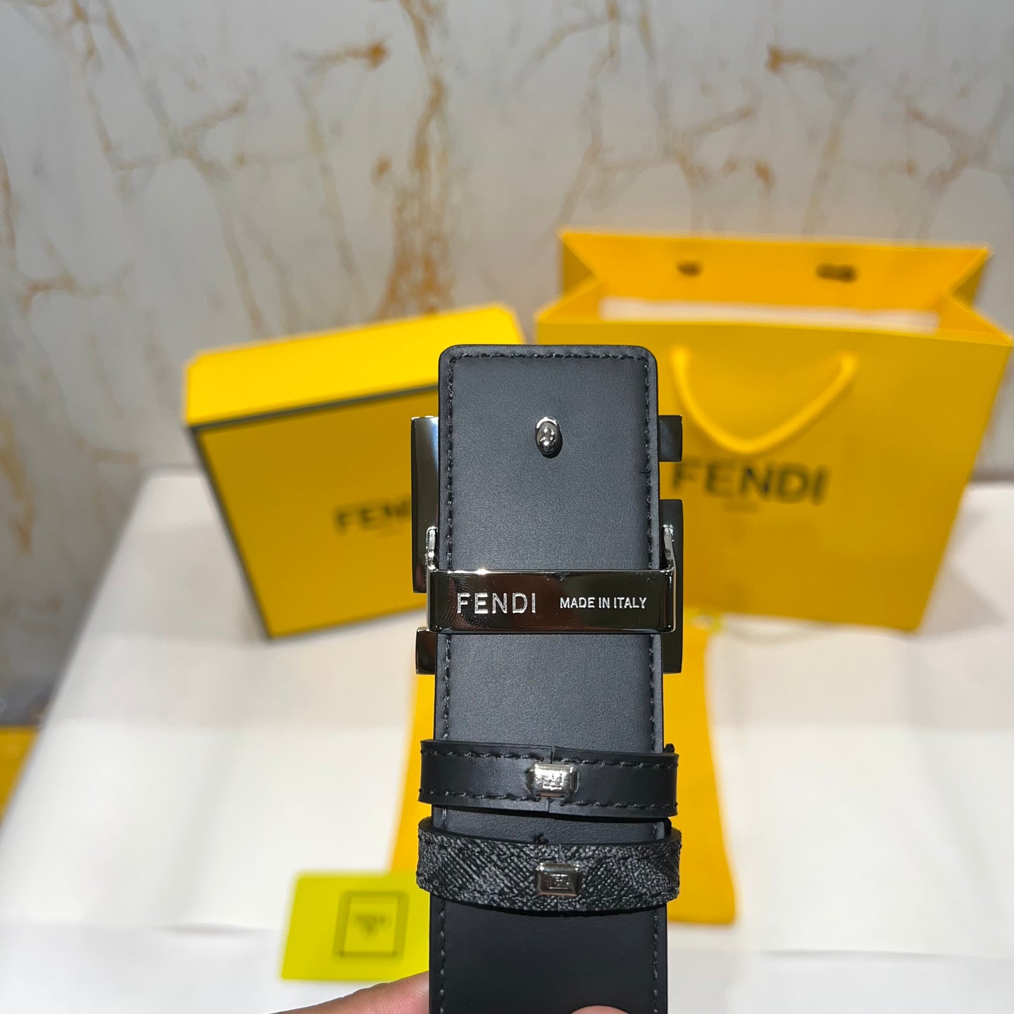 Fendi FF Silver Buckle Reversible Belt Black/Grey