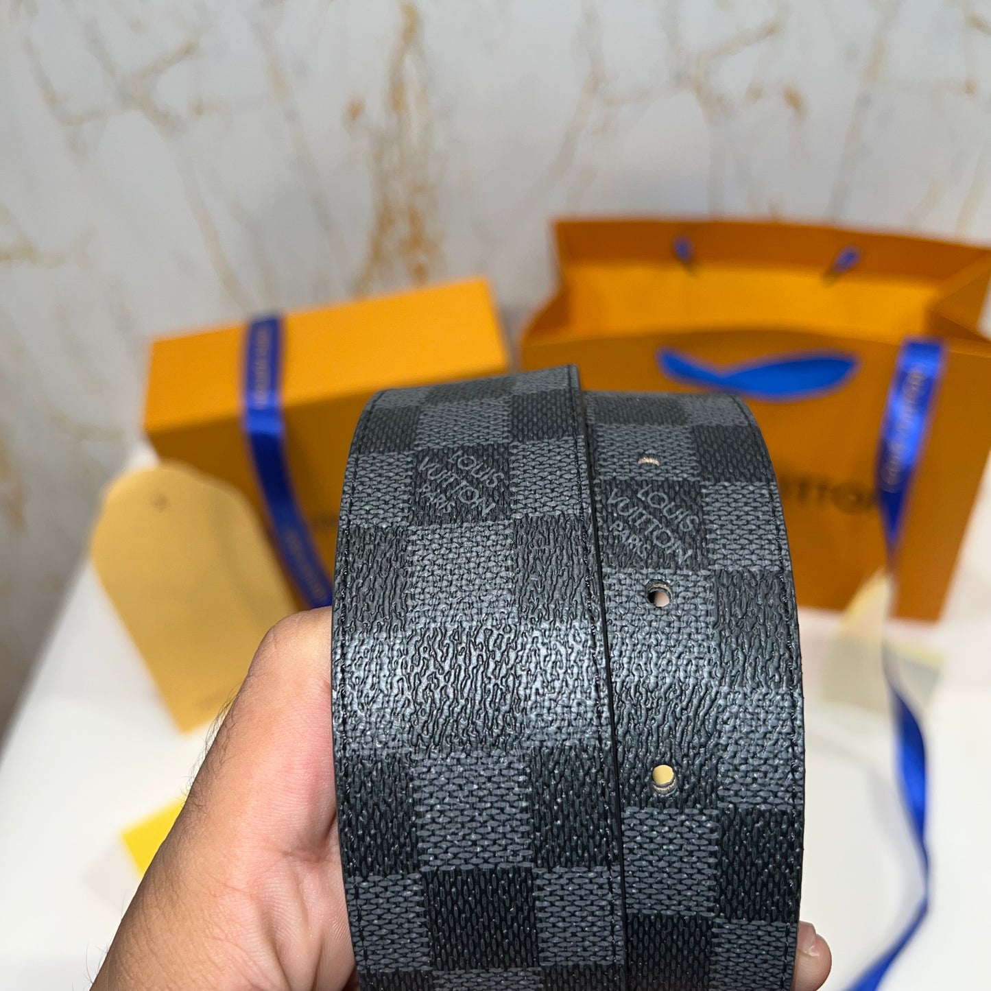 LV Silver Logo Check Reversible Belt Black/Grey