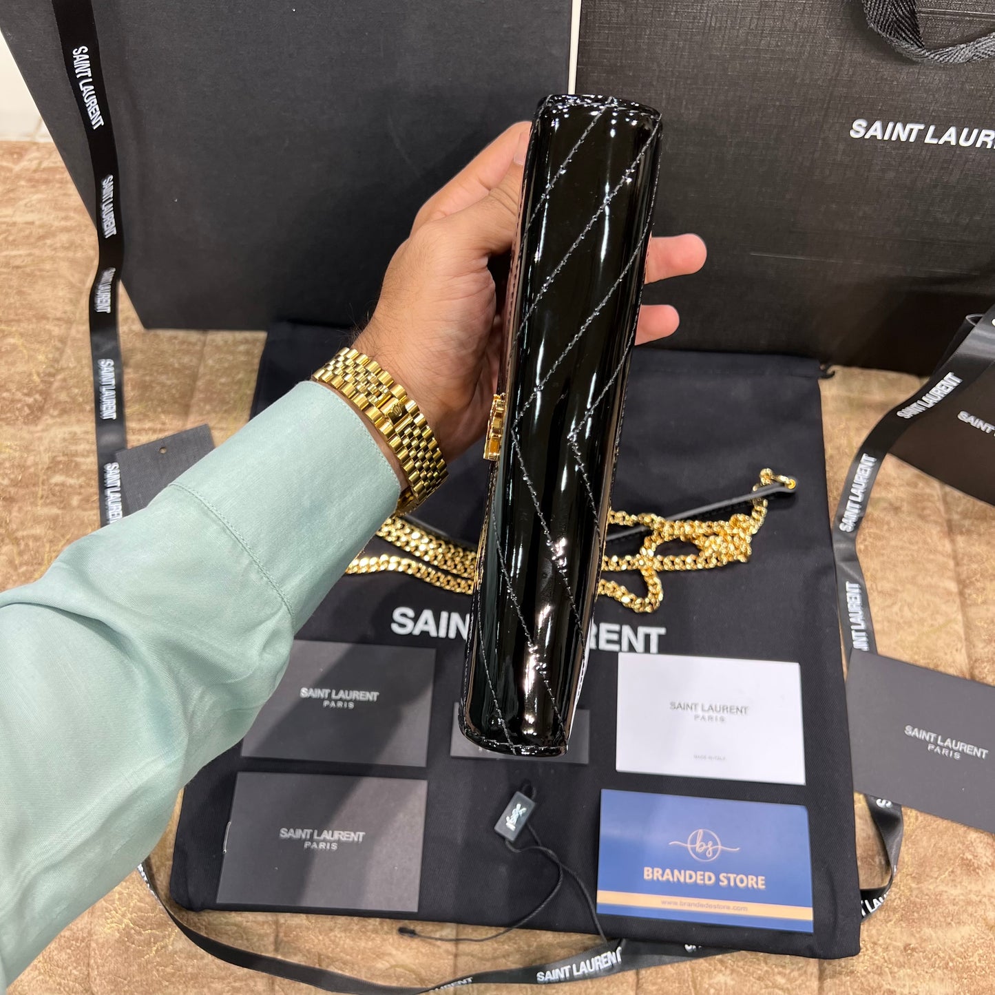 YSL College Mini Chain In Shiny Leather Bag Black