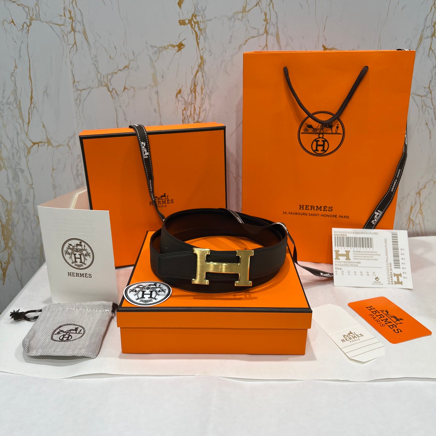 Hermes H Golden Buckle Belt Reversible Brown Black