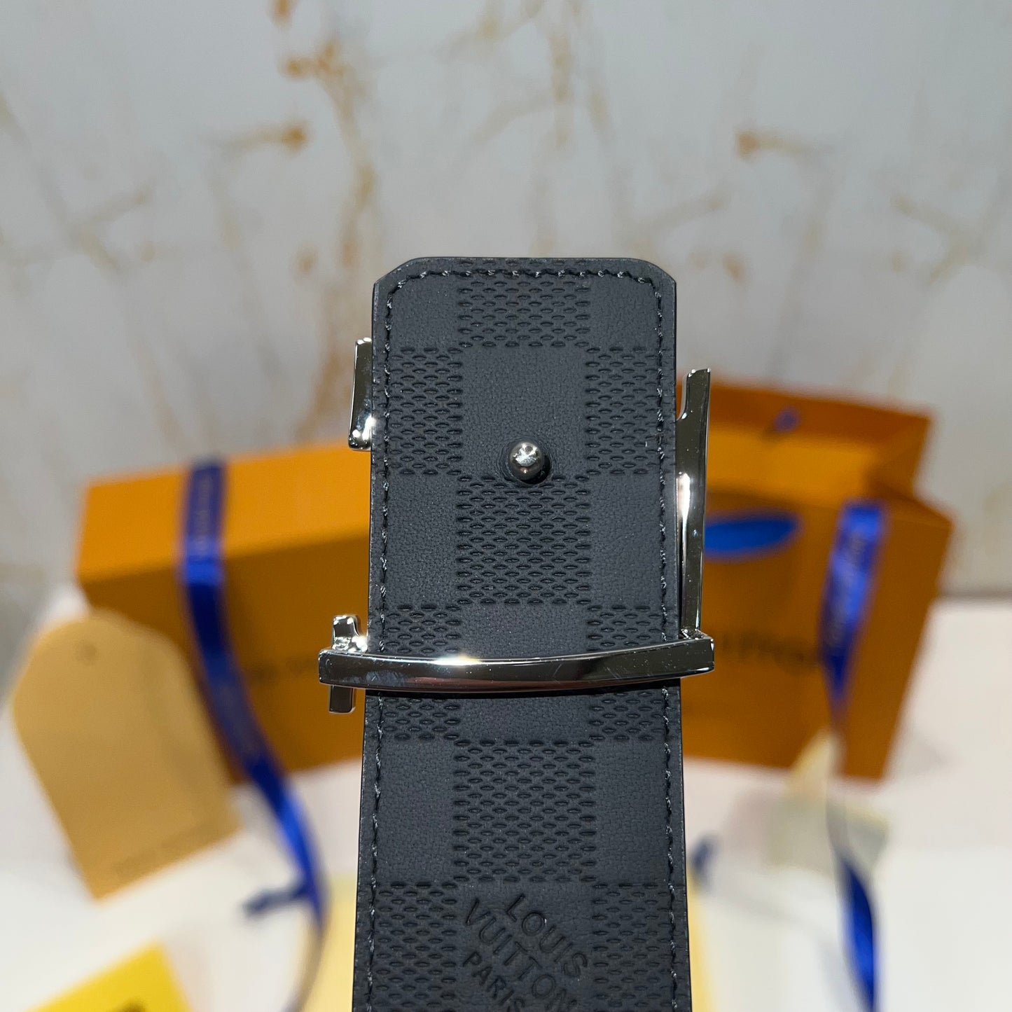 LV Silver Logo Check Reversible Belt Black/Grey