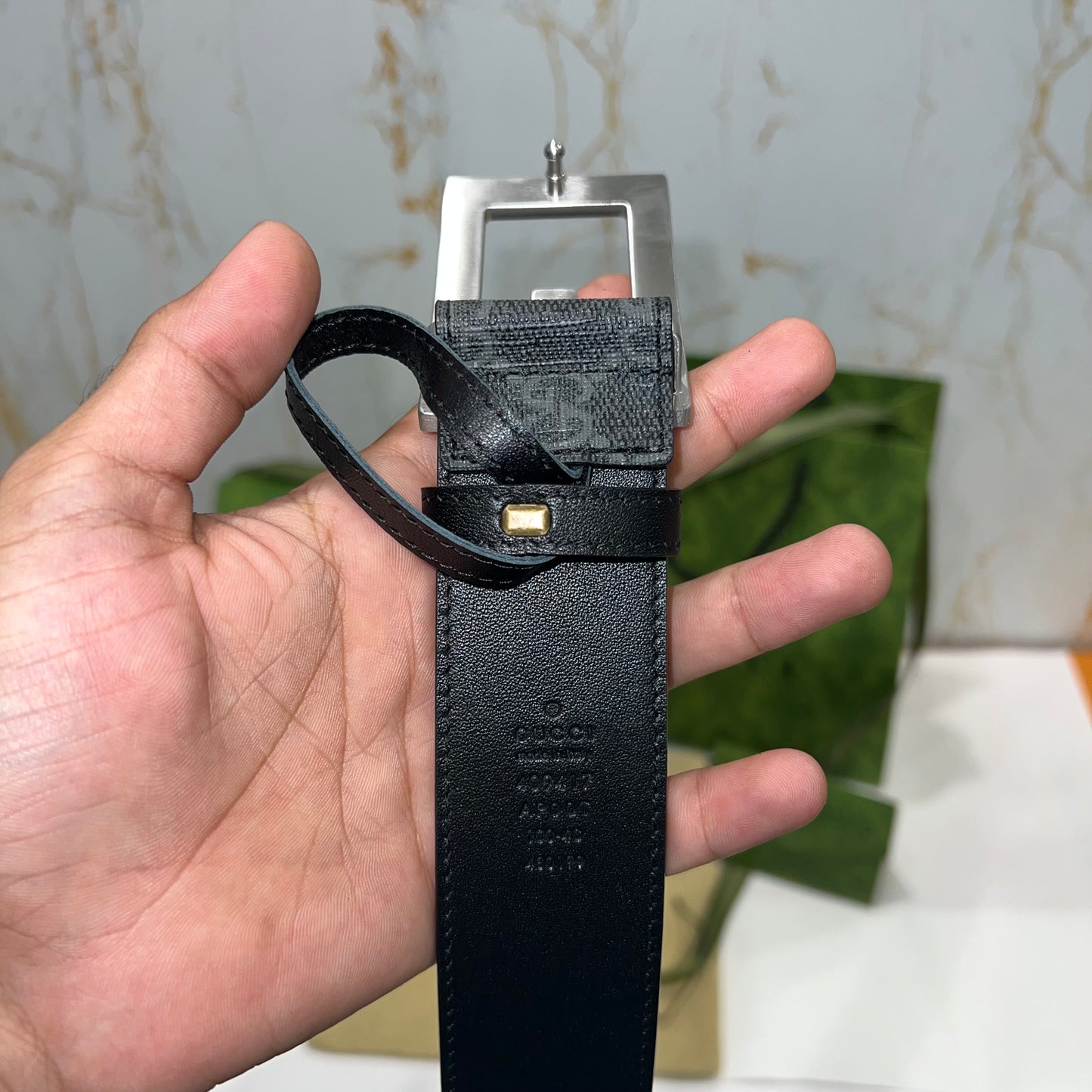 Gucci Silver G Buckle Supreme Belt Grey