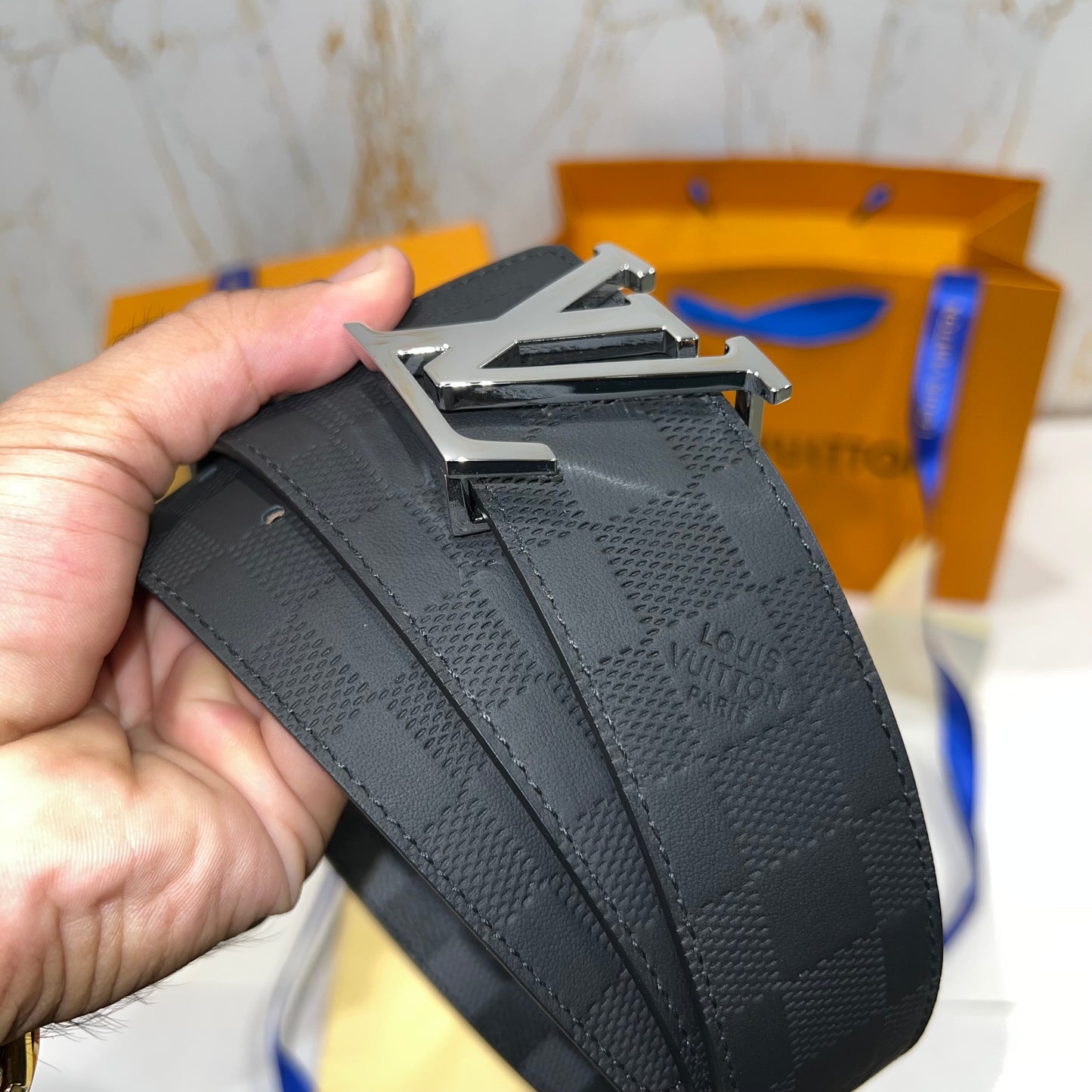 LV Silver Logo Check Reversible Belt Black/Grey