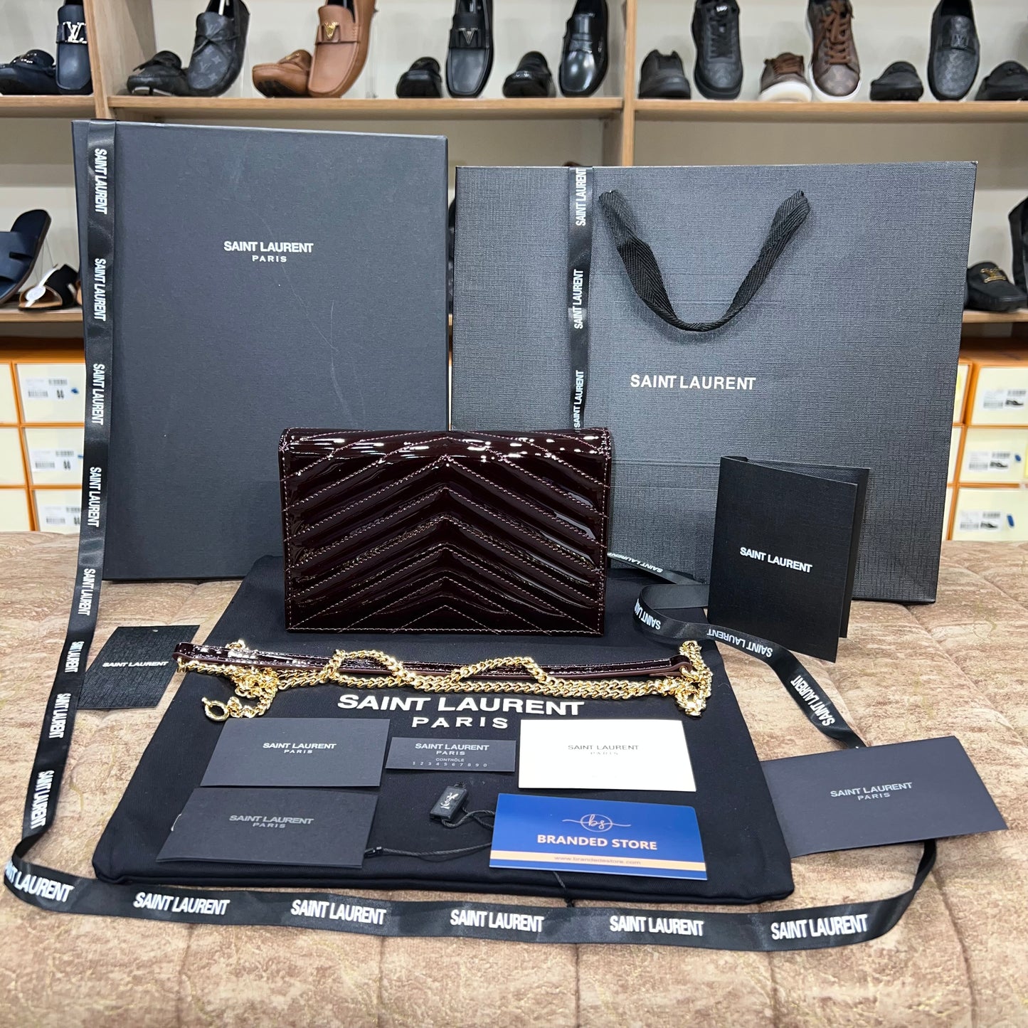 YSL College Mini Chain In Shiny Leather Bag Maroon