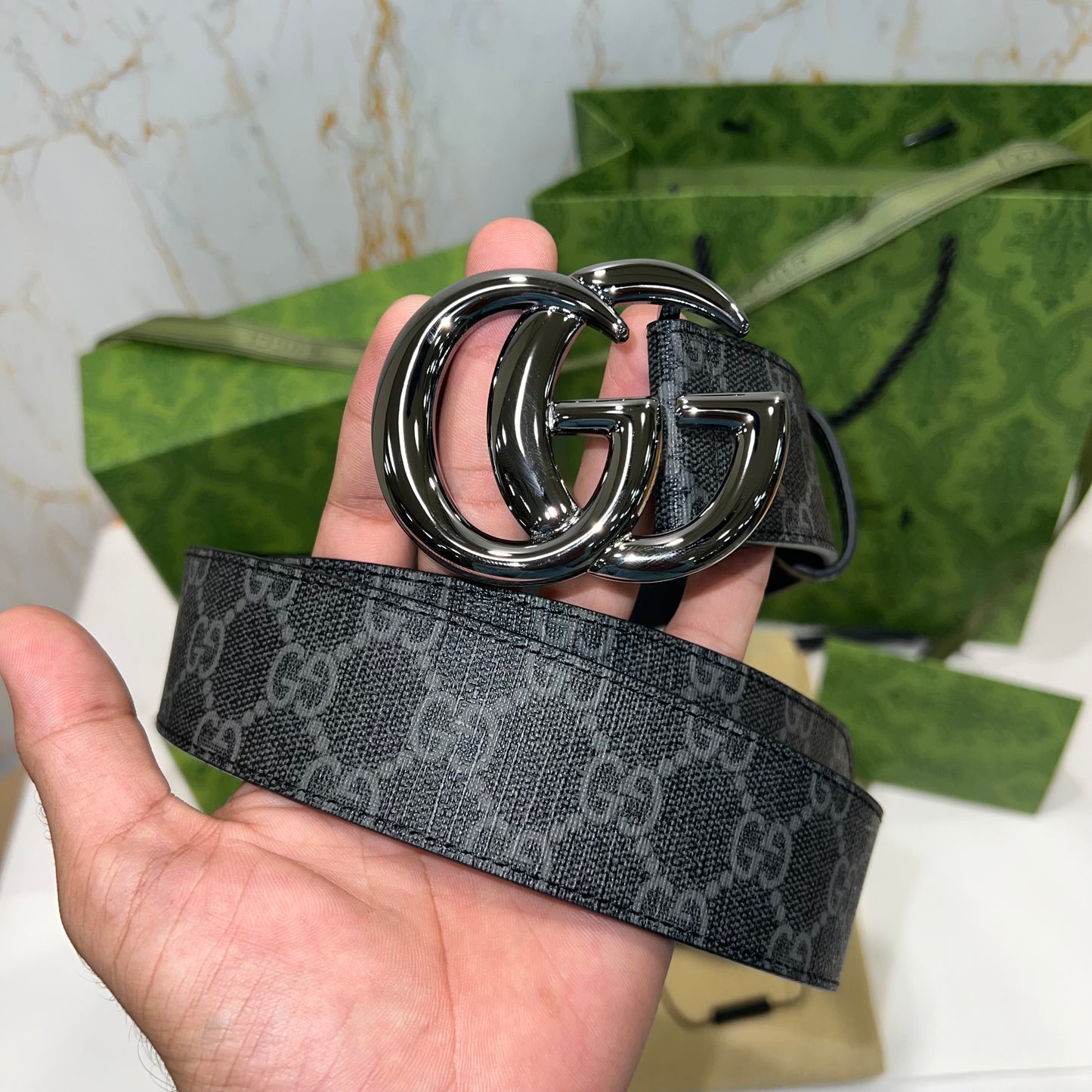 Gucci Silver GG Supreme Belt Grey