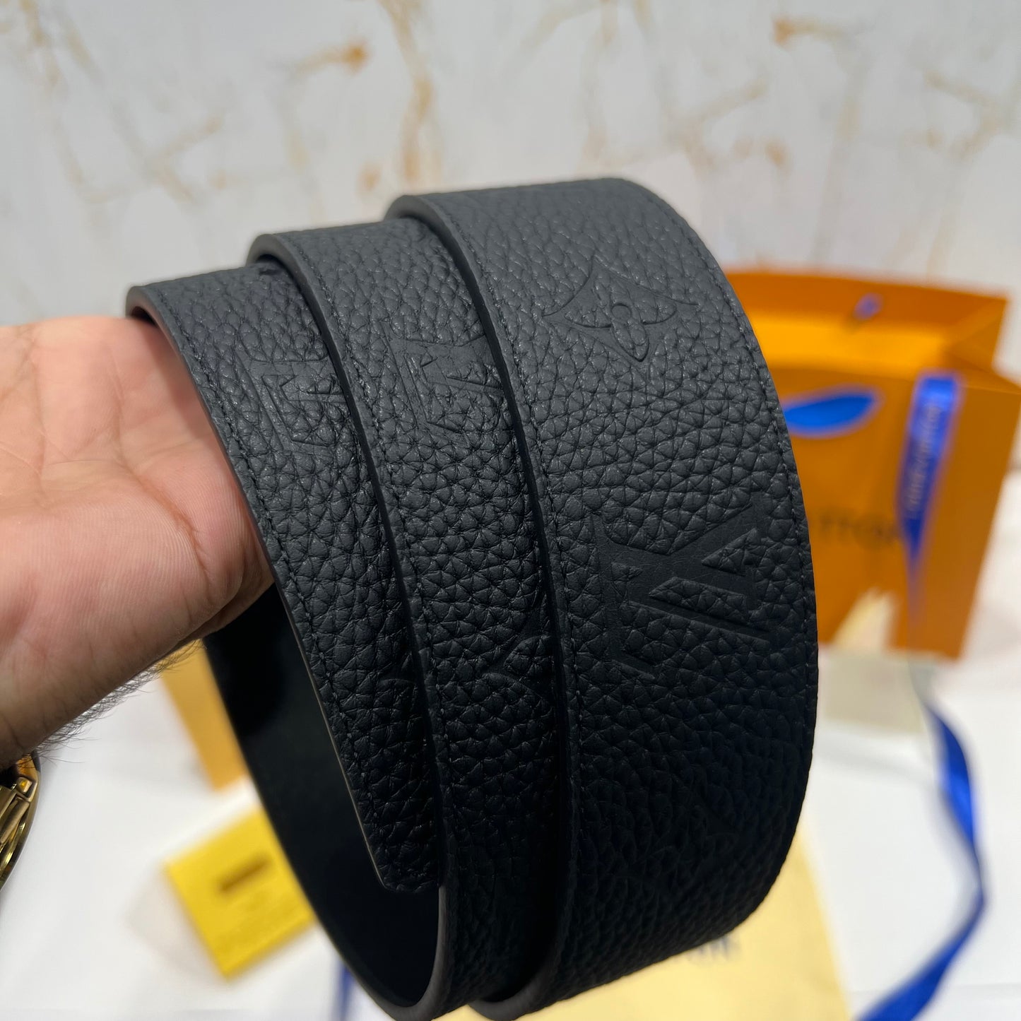 LV Black Logo Embossed Reversible Belt Black