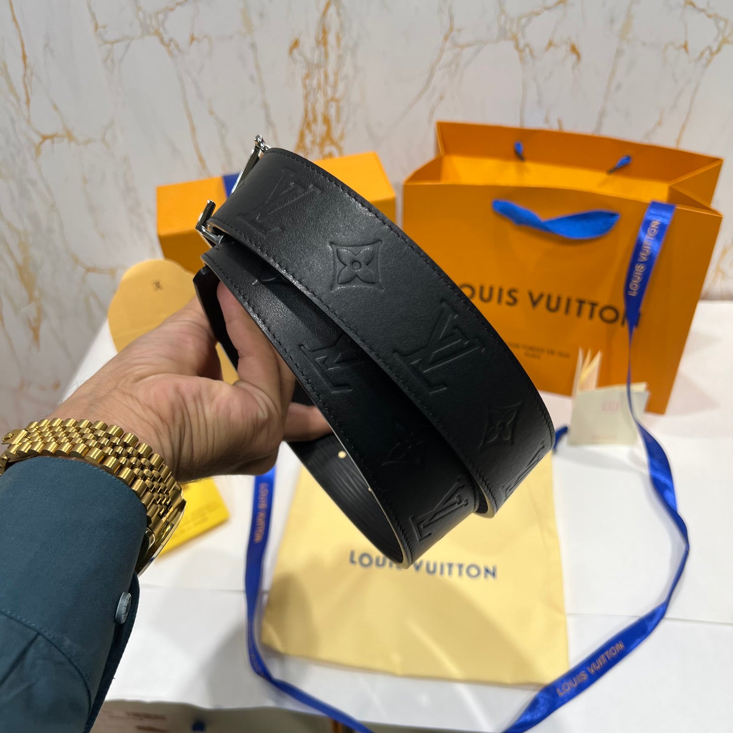 LV Silver Logo Reversible Belt Black