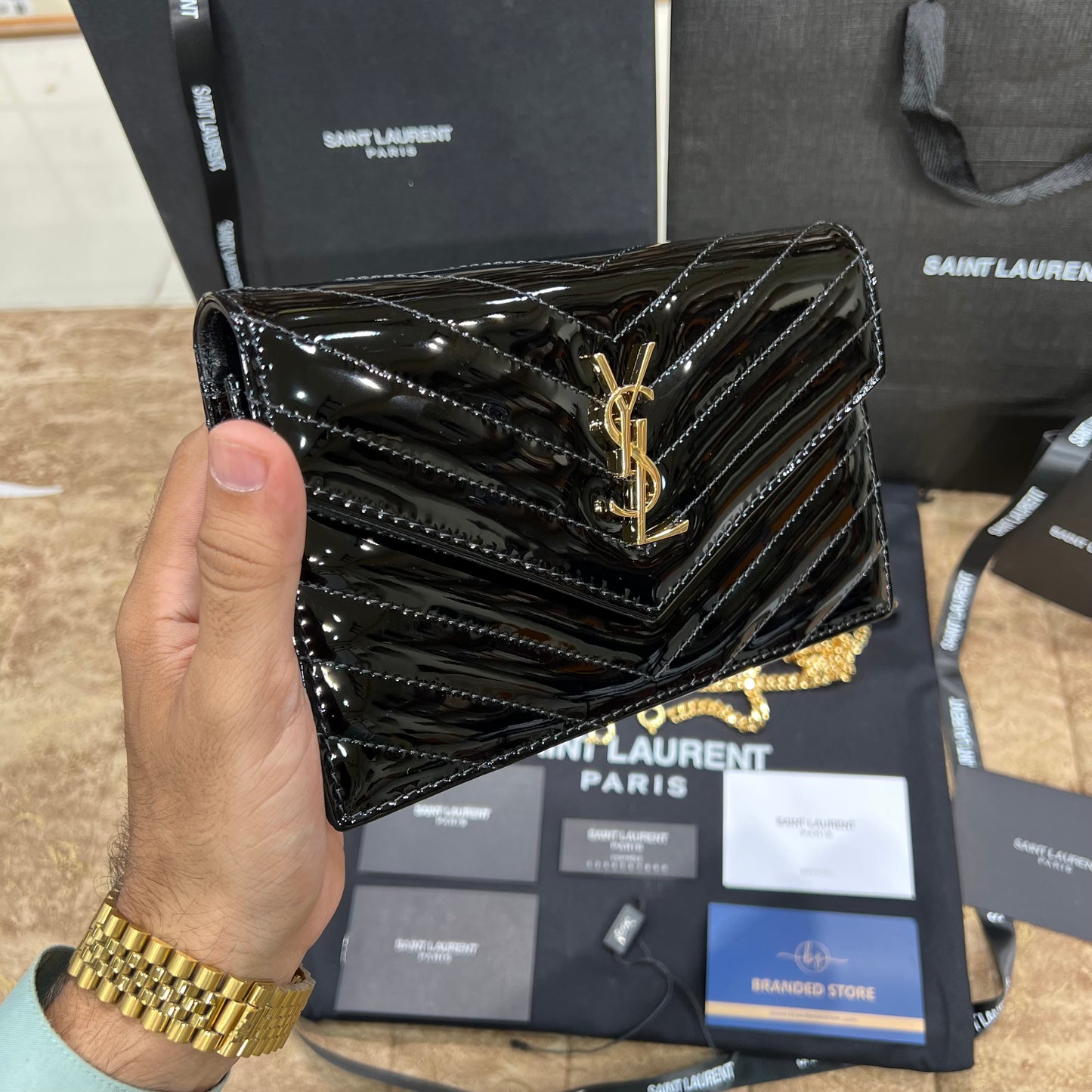 YSL College Mini Chain In Shiny Leather Bag Black