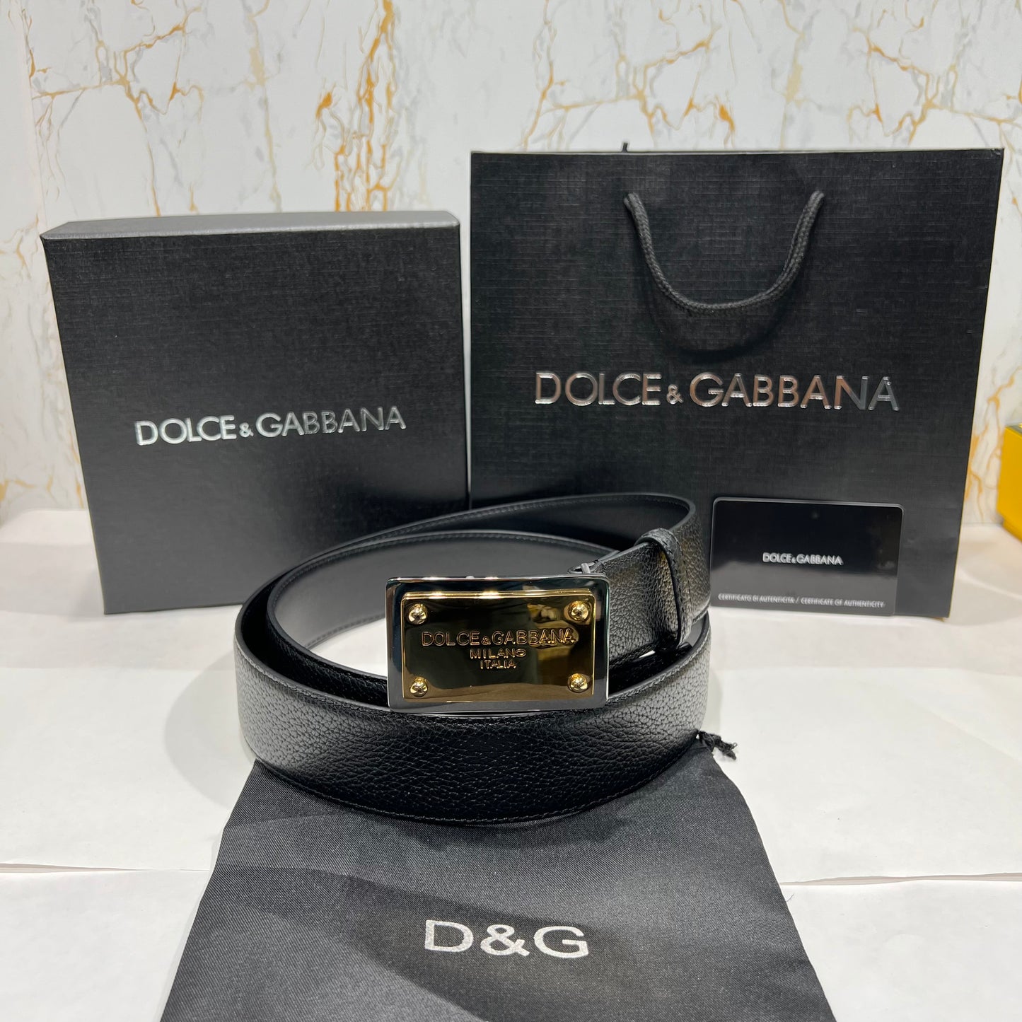 Dolce & Gabbana Golden Buckle Leather Belt Black