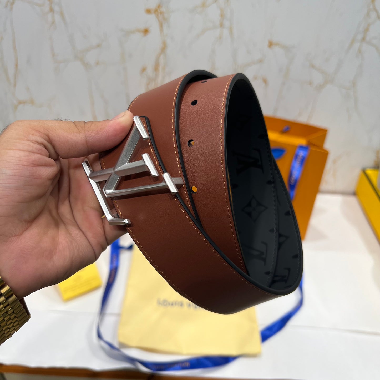 LV Silver Logo Shine Printed Reversible Belt Black Brown